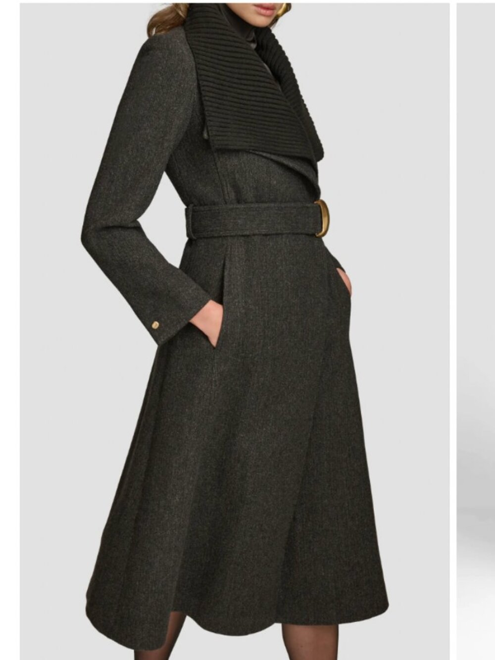 Donna Karan Rib Belted Wool Blend Wrap Coat - Picture 7 of 9